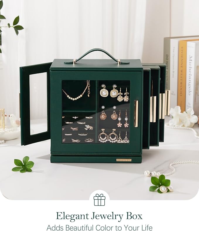 Homde Valentine's Day gifts Jewelry Box 360° Rotating, Necklace Earring Organizer with Transparent Window, Mirror, 7 Drawers, Large Ring Display Storage Case for Girls Women (Forest Green)