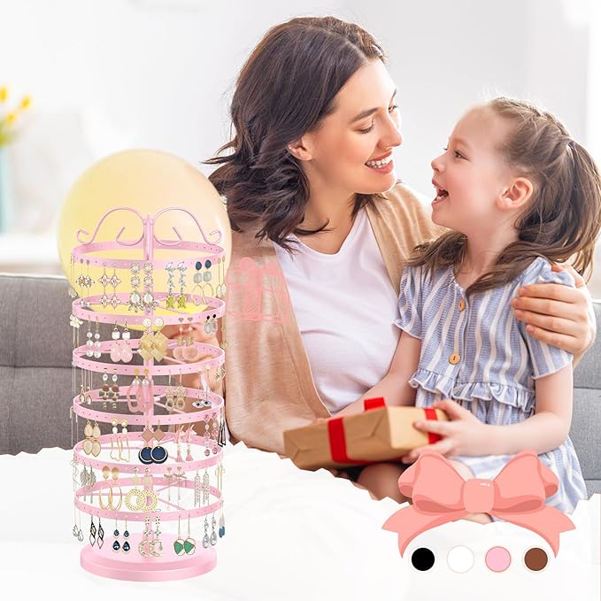 iDavosic.ly 6 Tier Metal Rotating Earring Holder Organizer, 264 Holes Large Stud Storage Display Stands Tree Rack, Adjustable Pierced Hoop Dangle Tower for Women, Pink