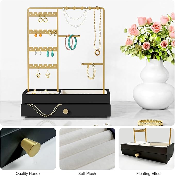 Black and Gold Jewelry Organizer Stand Necklace Holder, Decorative Jewelry Tower Stand for Earrings Rings Bracelets, Necklace Display Hanger Tree for Women Dresser Top (Black and Gold)