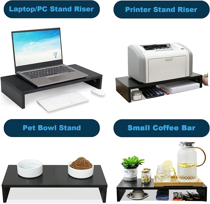 TEAMIX 20 Inch Monitor Stand Riser, Black Desktop Stand for PC/TV/Laptop/Printer, Wood Monitor Riser with Storage, Computer Stand Keyboard Organizer