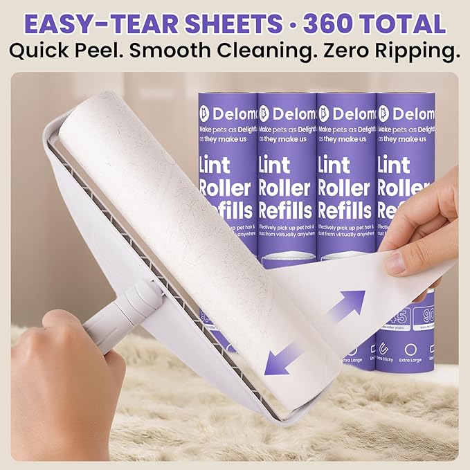 DELOMO Two Large Lint Roller Set for Pet Hair: 9.45” Extra-Wide Sticky Rollers - Long Handle for Floors & Carpets and Short Handle for Couches & Furniture - 360 Sheets Total - for Multi-Pet Homes