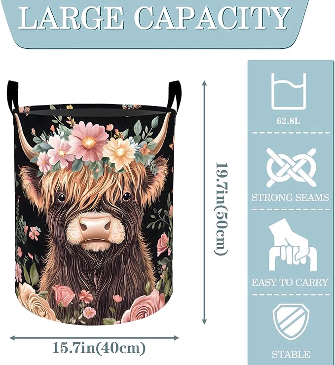 Highland Cow Floral Laundry Basket, Dirty Collapsible Clothes Toy Organizer Hamper for Kids Adults, Oxford Cloth Waterproof Storage Bin for Bedroom Bathroom Home Decor Gifts, 19.7"X15.7"