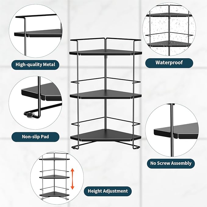 3-Tier Bathroom Organizer, Bathroom Counter Organizer, Bathroom Organizers and Storage for Bathroom, Kitchen Counter, Corner Storage Shelf for Bedroom Storage Makeup Skincare Perfume (Black)