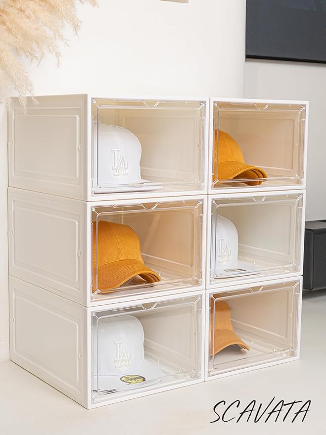 6 Pack Hat Organizer Box, Stackable Clear Baseball Caps Holder Box Containers with Magnetic Door for Hats Snapback Cap Storag, Hat Rack Display Case, Holds 8 Hats Each (White)