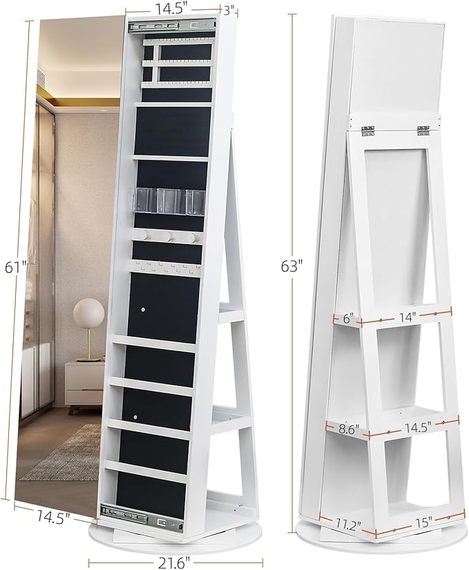 Bonnlo 360° Swivel Jewelry Cabinet with Sliding Door, Standing Jewelry Organizer Box with Full-Length Mirror, Jewelry Armoire with Large Storage Capacity