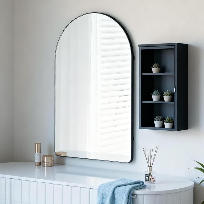 26x38 inch Black Tempered Glass Large Arched Mirror for Bathroom Vanity Mirror or Wall Decor Arch Mirror Brushed Metal Frame Wall Mounted Mirror for Bathroom LivingRoom Bedroom Entryway