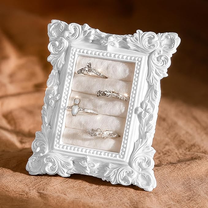 Vintage Ring Holder Rectangle White Ring Display Stand Frame Earring Display Tray Anniversary Engagement Baroque Wedding Jewelry Organizer Photograph Prop for Women Christmas Gift