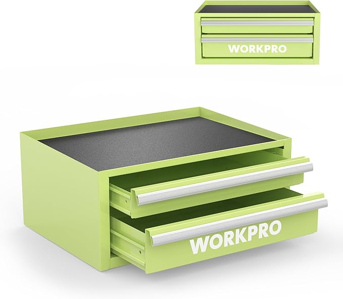 WORKPRO 12.5" Mini Tool Box with 2 Drawers & 1 Open Top Storage, Small Metal Tool Chest with PVC Liners & PP Feet Pads, Cold Rolled Steel Toolbox with Drawer Liners & Magnetic Tabs