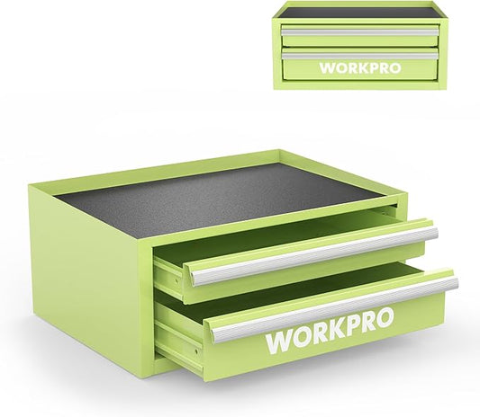 WORKPRO 12.5" Mini Tool Box with 2 Drawers & 1 Open Top Storage, Small Metal Tool Chest with PVC Liners & PP Feet Pads, Cold Rolled Steel Toolbox with Drawer Liners & Magnetic Tabs