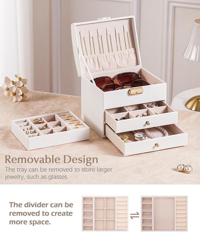 Homde Women Jewelry Box with Lock: 3 Layers Modern Organizer - White Storage for Ring Necklace Earring - Birthday Christmas Gifts for Girls