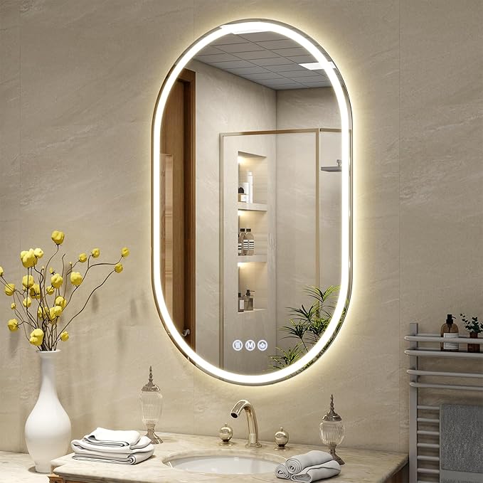 BEAUTYPEAK 40x24 LED Oval Bathroom Mirror with Lights, Anti-Fog, Dimmable, Backlit + Front Lit, Lighted Bathroom Vanity Mirror for Wall, 3 Colors, Memory Function, Tempered Glass, Shatter-Proof