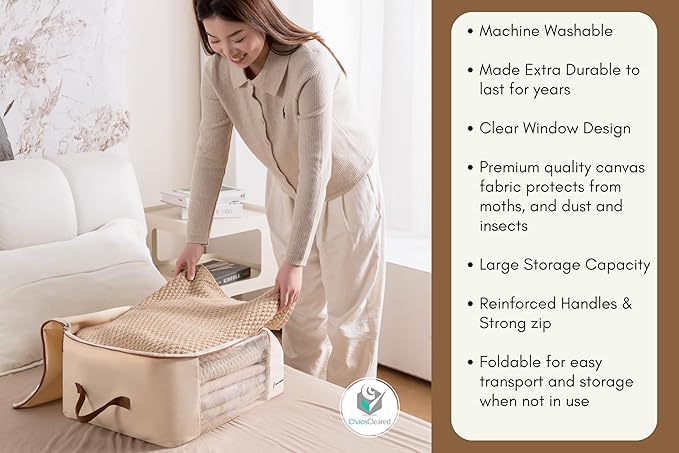 Canvas Storage Bags Designer Organizer for Clothing 2 Pack – Clothes Organizers for sweaters, clothing, garment, bedding, quilt, linens, large bag with zip & window, mothproof