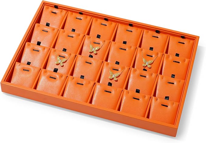 Orange Leather Necklace Tray Jewelry Display Tray 24 Grids Necklace Display Trays Necklace Storage for Drawers With Removable Jewellery Cards Necklace Pendant Tray