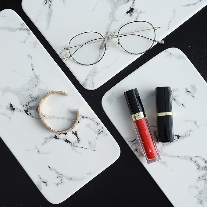 Vanity Tray Makeup Organizer Cosmetics Storage Bathroom Skincare Organizer Countertop Display Rack in Dresser Stainless Steel Shelf Marble Print Ceramic Trays