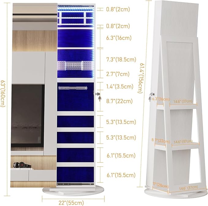 LVSOMT 360° Swivel Jewelry Mirror Cabinet with Lights, Standing Jewelry Armoire Organizer, 63" Rotatable Full-Length Mirror with Jewelry Storage, Lockable with Back Storage Shelve, White