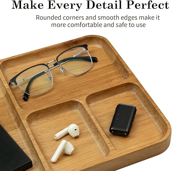 Desk Drawer Organizer Tray Wooden Valet Trinket Catch All Key Nightstand Tray with 4 Deep Dividers, 14x10x1'', Solid Wood Carved