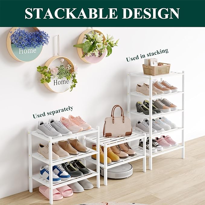 Smiry Small Bamboo Shoe Rack 3-Tier, Stackable Wooden Shoe Organizer for Entryway & Closet, Free Standing Wood Shoe Storage Shelf for Front Door & Small Spaces, White