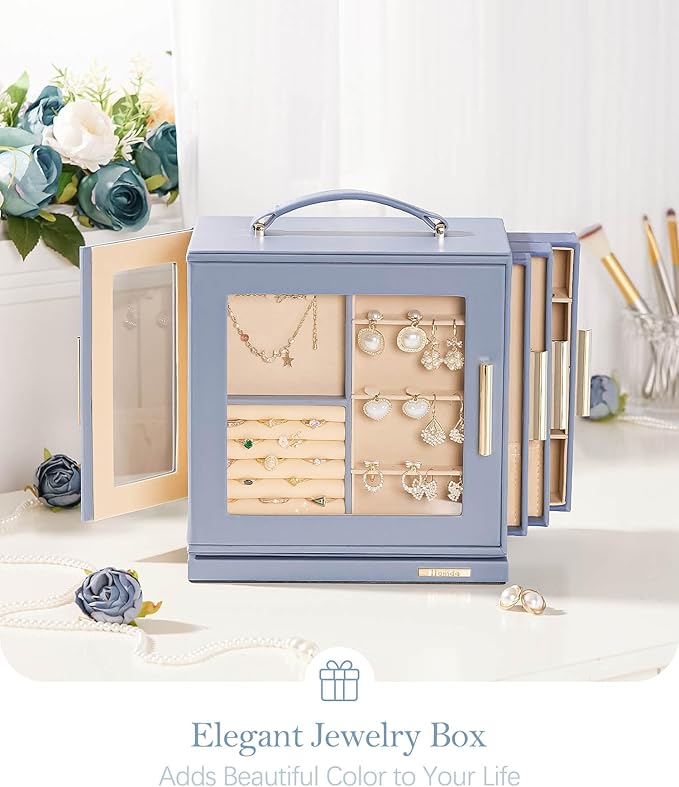 Homde Valentine's Day gifts Jewelry Box 360° Rotating, Necklace Earring Organizer with Transparent Window, Mirror, 7 Drawers, Large Ring Display Storage Case for Girls Women (Grey Blue)