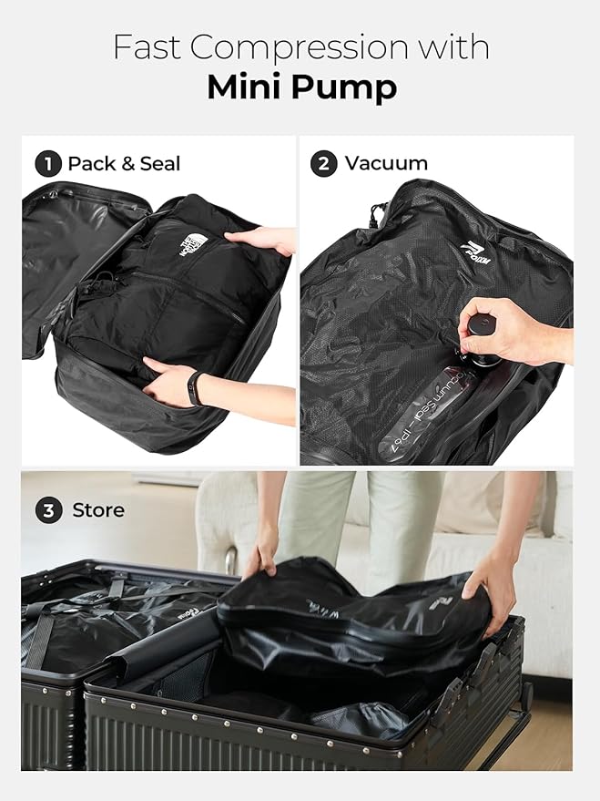 Vacuum Bags for Travel with Wireless Pump, 180° Open Zipper, IP67 Waterproof, Reusable Space Saver Compression Bags for Backpack, Suitcase, Home Storage(3 Pack + Pump)