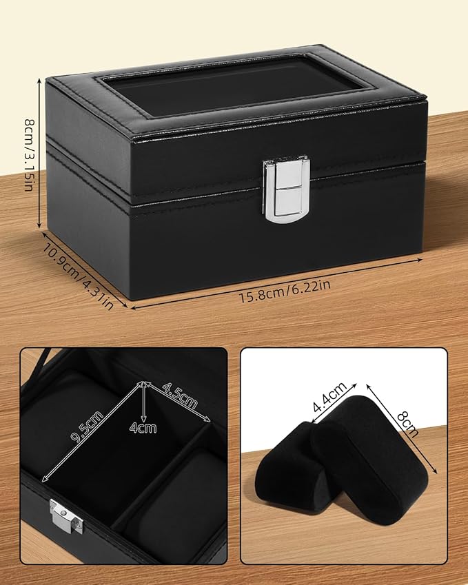 Uten 3-Slot Watch Box, PU Leather Watch Case with Glass Lid, Watch Holder Organizer with Soft Pillow and Velvet Lining, Watch and Jewelry Storage Box, Black