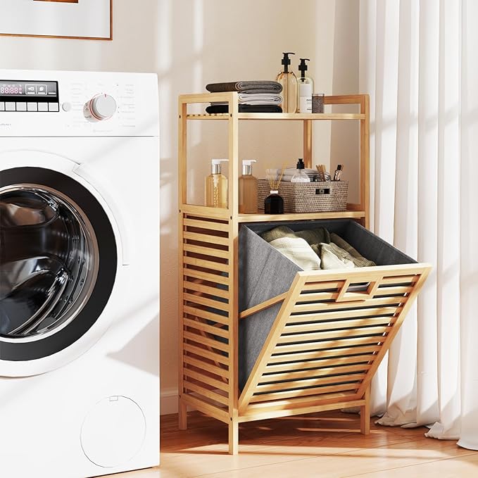 Giantex Tilt Out Laundry Hamper, Bamboo Laundry Storage Cabinet w/ 2-Tier Storage Shelves, Foldable & Removable Basket, Freestanding Laundry Basket Organizer for Bathroom Laundry Room Bedroom