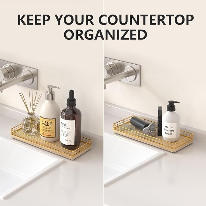 Bathroom Tray for Counter Top Organizer – Oak Wood Vanity Tray with Metal Frame for Dresser, Kitchen, Nightstand – Gold & Oak Decorative Storage