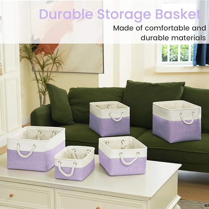 Large Storage Baskets- 15.7x11.8x8.26 inch Storage Bins for Shelves and Closet Organizing, Foldable Fabric Bin for Home Organization Clothes and Laundry (3-Pack, White&Purple)