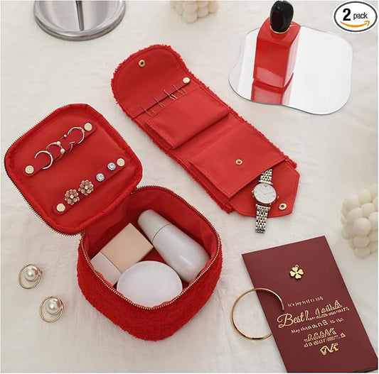Travel Jewelry Case, 2-In-1 Small Jewelry Organizer Travel Jewelry Storage with Foldable Jewelry Roll for Earrings Rings Makeup, Travel Essentials Gifts for Women Girl, Carmine