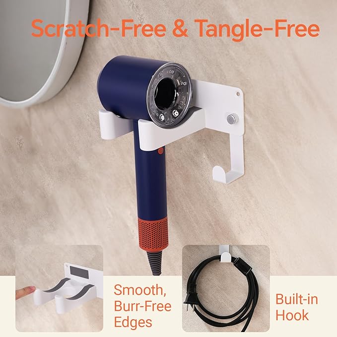 Dyson Hair Dryer Holder, Blow Dryer Holder Self Adhesive Hair Dryer Holder Wall Mounted Aluminum Hair Tool Organizer Blow Dryer Holder for Bathroom White CHOCHYAH