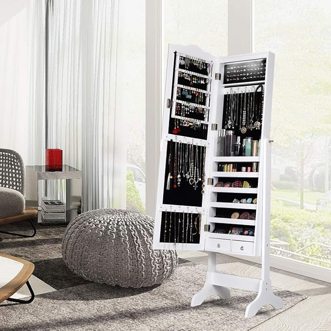 Giantex Jewelry Armoire Organizer with Full Length Mirror, 14 LEDs Floor Standing Jewelry Cabinet with 2 Drawers, 4 Adjustable Angles, Lockable Jewelry Storage Box Cabinet (White)