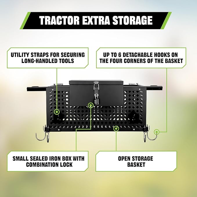 Heavy Duty Tractor Tool Box,Tractor Tool Tray with Lockbox and 27"-39"Adjustable Extension Rod,Tractor Basket Capacity 200 LBS with Universal Fitting Tractor Attachments,Used for Storage,Black