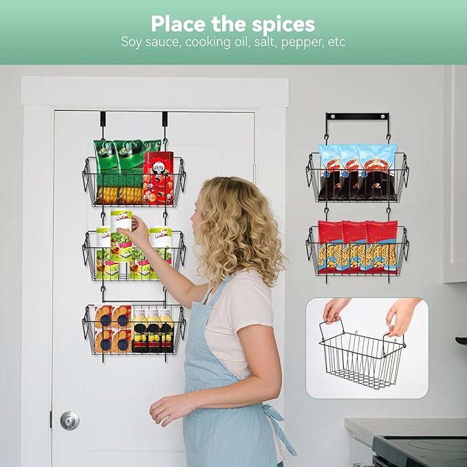 Over The Door Organizer – 5 Removable Hanging Baskets, Back of Door Storage for Bathroom, Kitchen, Pantry & Garage, No Tools Needed, 3 Installation Methods (Wall/Door Mount) Black