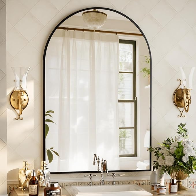 32"x48" Arched Bathroom Mirror with Aluminum Frame Arched Wall Mounted Vanity Mirror for Entryway, Bedroom, Living Room, Black