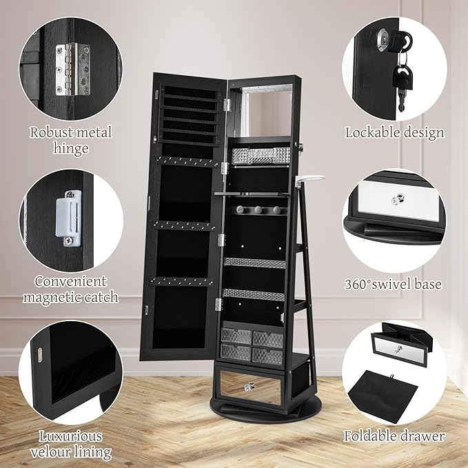 GOFLAME 360 Rotating Jewelry Cabinet with Full Length Mirror, Standing LED Jewelry Armoire, Lockable Jewelry Organizer with Hair Dryer Rack, Back Storage Shelves, Inner Makeup Mirror, Black