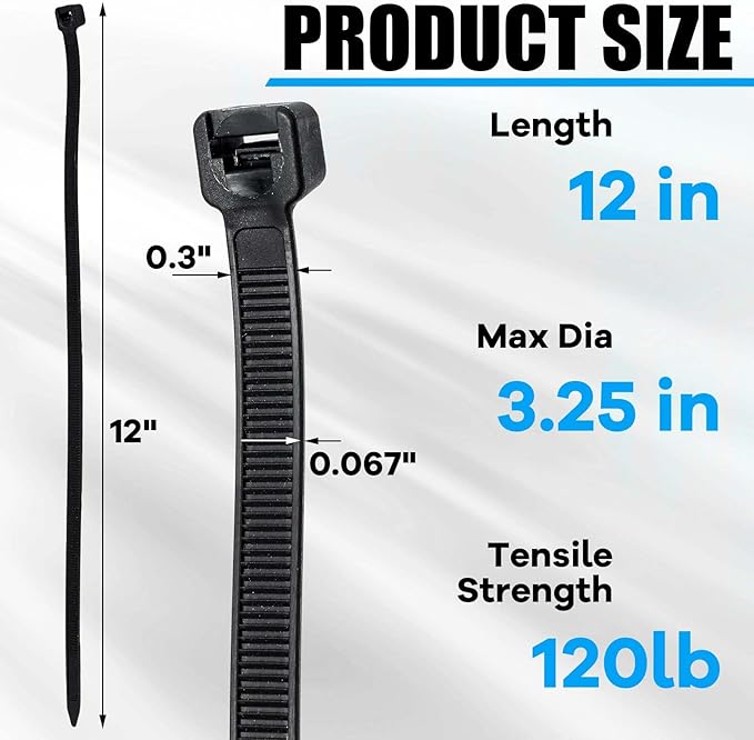 500 Pcs 12 Inch Zip Ties Heavy Duty 120 Lbs Tensile Strength Black Nylon Wire Cable Ties Bulk for Indoor Outdoor