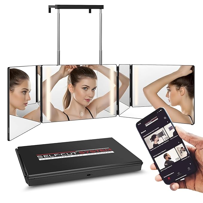 Self-Cut System 3 Way Mirror with LED Lights – Trifold Self Cut Barber Mirror for Men and Women, 360 View for Easy Haircuts, Travel Friendly - Three Way Design for Grooming and Styling