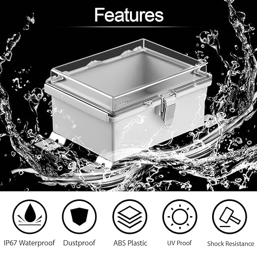 LeMotech Electrical Box, IP67 Waterproof Hinged Clear Cover Stainless Steel Latch Junction Box, ABS Plastic Electrical Enclosure with Mounting Plate,Wall Brackets, Cable Glands,4.7"x3.5"x2.7",Grey