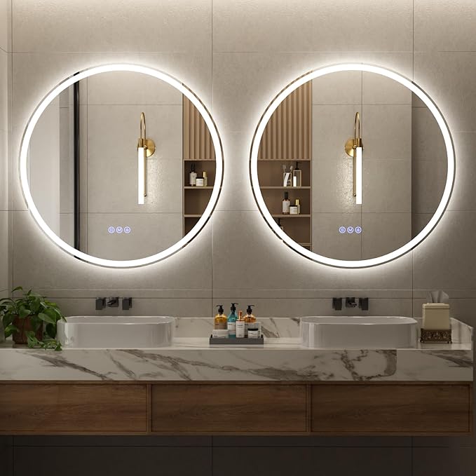 BEAUTYPEAK 24x24 LED Round Bathroom Mirror with Lights, Anti-Fog, Dimmable, Backlit + Front Lit, Lighted Bathroom Vanity Mirror for Wall, 3 Colors, Memory Function, Tempered Glass, Shatter-Proof