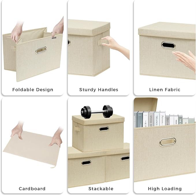 SNWDN 4 Pack Large collapsible Fabric Storage Bins with Lids Fabric storage box with lids for closet organizers and storage (Beige 17.3x11.4x11.8 inches)