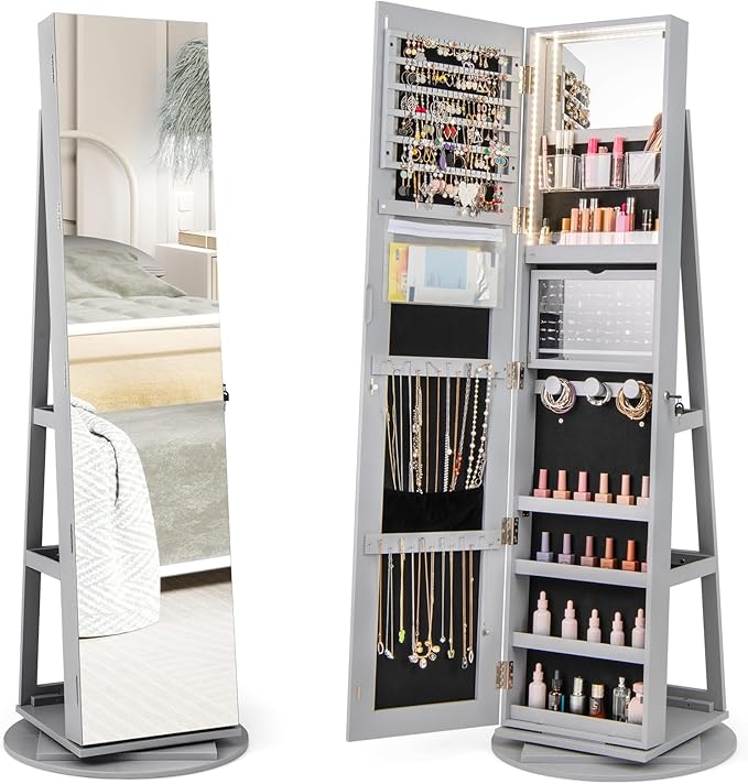 Mirror Jewelry Cabinet Standing with Full Length Mirror, 360° Swivel Jewelry Armoire with 3-Color LED Lights & Foldable Makeup Shelf, Lockable Organizer for Women, Space-Saving (Gray)