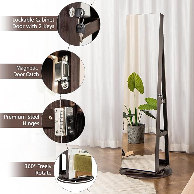 Mirror Jewelry Cabinet Standing with Full Length Mirror, 360° Swivel Jewelry Armoire with 3-Color LED Lights & Foldable Makeup Shelf, Lockable Organizer for Women, Space-Saving (Espresso)