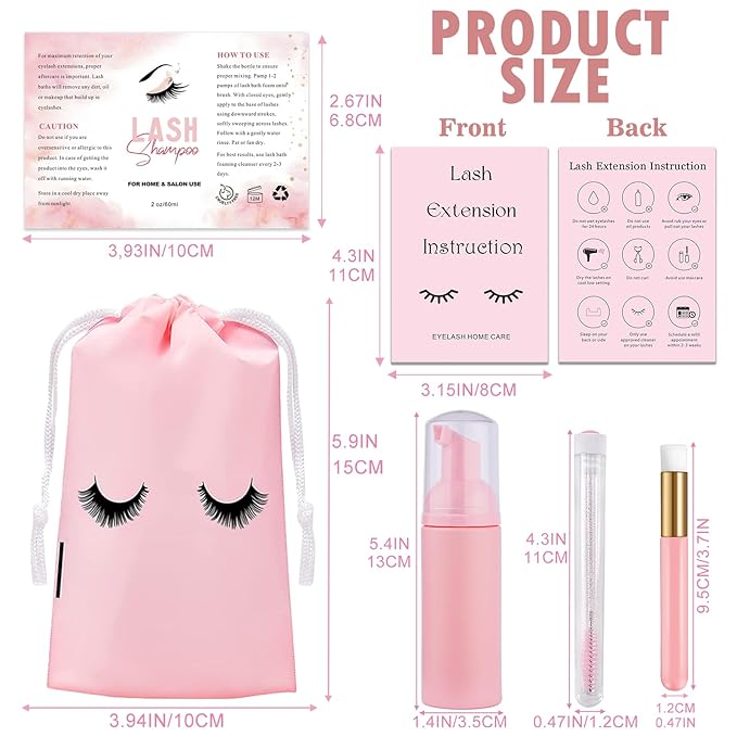 60PCS Lash Shampoo Bottles and Brushes Set, 10pcs Foam Pump Dispenser, Lash Cleaning Brush, Eyelash Extension Tube Brush, Instructions Cards, Bags, Lash Shampoo Stickers for Business Clients (B-pink)