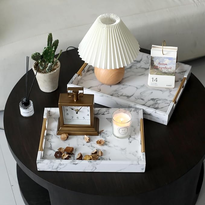 SwallowLiving Set of 2 White Fake Marble Serving Tray with Gold Polished Metal Handles White Decorative Wood Tray PU Leather with Brushed Gold for Coffee Table Ottoman Console Table Decor