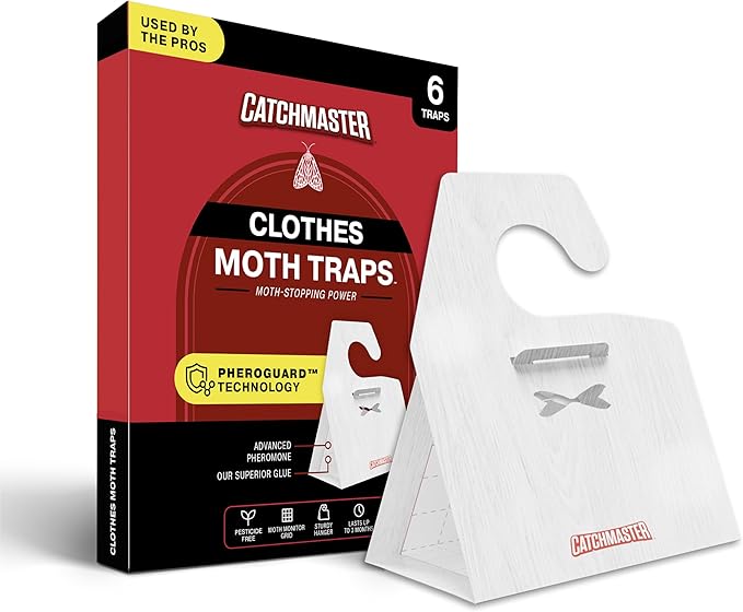 Catchmaster Clothing Moth Traps with Premium Extra Strength Odorless Pheromone Technology – XL Hardwood Design, Extra-Strength Glue – Traps & Targets Casemaking and Webbing Moths - 6-Pack