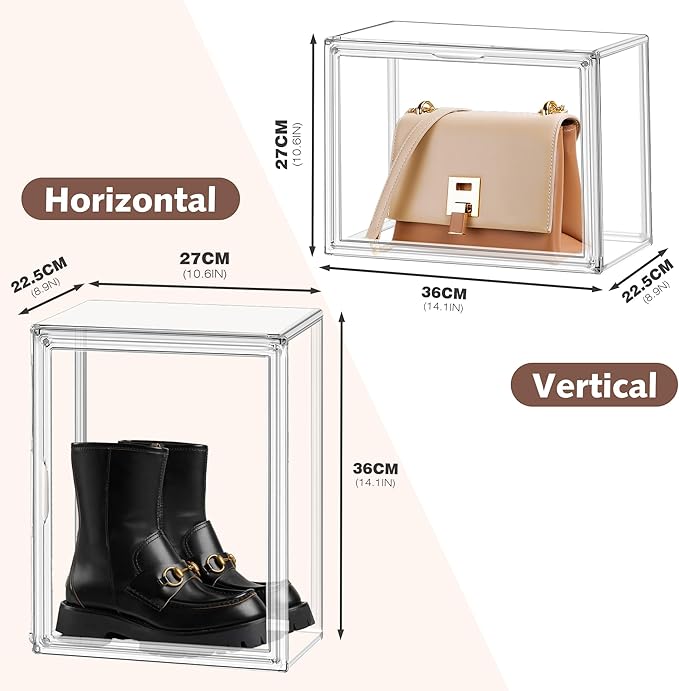 12 Pack Purse Organizer for Closet Size 14 Shoe Storage Box Stackable Acrylic Display Case Handbag Organizer with Magnetic Lid Transparent Storage Container for Sneaker, Boots, Hat, Book, Collectibles