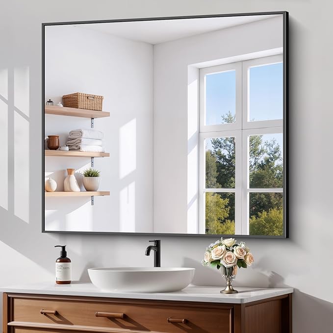 Koonmi Black Framed Bathroom Mirror - Shatterproof 36"x40" Tempered Glass, HD No Distortion, Horizontal/Vertical Mount, Modern Matte Aluminum Alloy Frame