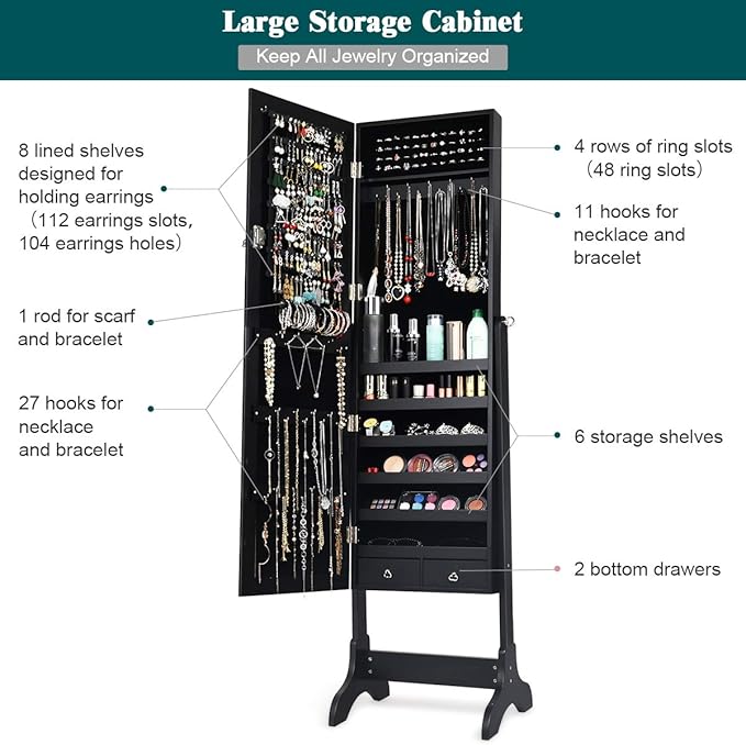 Giantex Lockable Standing Jewelry Armoire with Full Length Mirror, Large Storage Capacity Jewelry Cabinet Organizer with 2 Drawers, 4 Angle Adjustable, Extra Wide Mirror for Women Girls (Black)