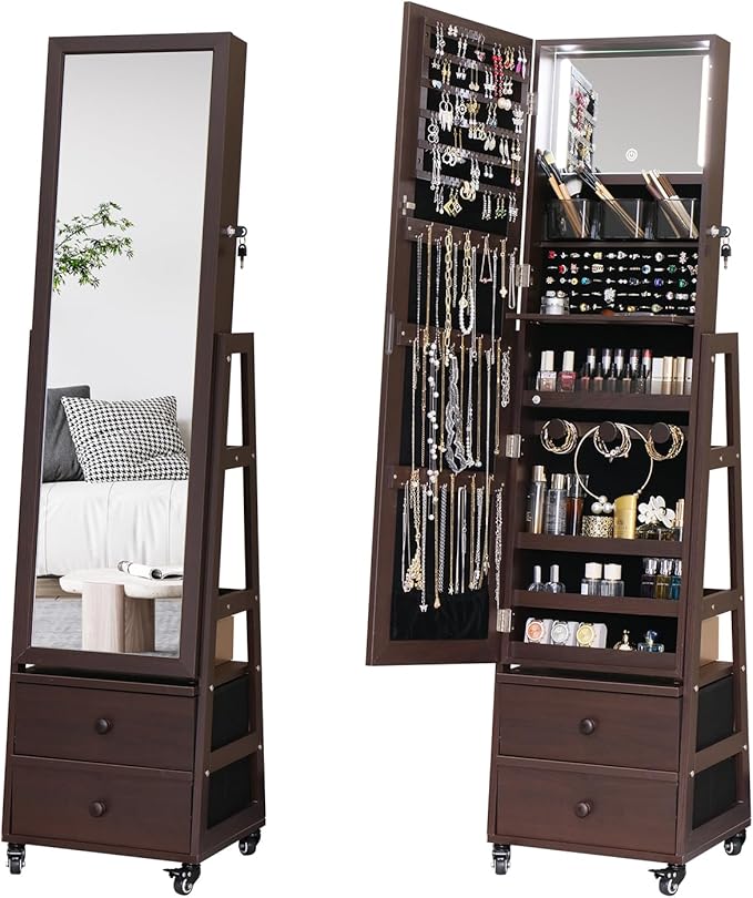 Rotating Standing Jewelry Cabinet with Lockable,Full Length Mirror with Storage Large Capacity Jewelry Organizer Armoire Floor Mirror with Back Storage Shelves for Bedroom Christmas Gifts Brown