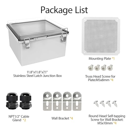 LeMotech Electrical Box, IP67 Waterproof Hinged Clear Cover Stainless Steel Latch Junction Box, ABS Plastic Electrical Enclosure with Mounting Plate,Wall Brackets, Cable Glands,11.8"x11.8"x7.1", Grey