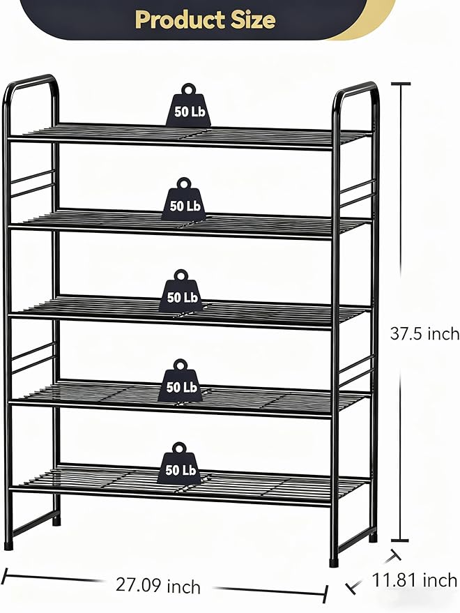 5 Tier Shoe Rack Closet Metal Heavy Duty, Stackable, Black